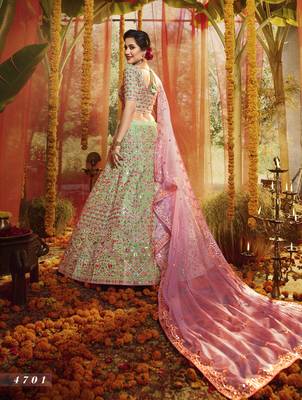 Green Heavy foil mirror, thread, zari Embroidered pure organza Semi Stitched Bridal Lehenga 3