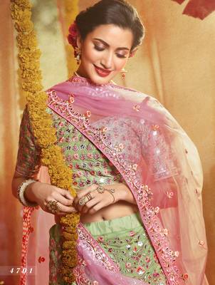 Green Heavy foil mirror, thread, zari Embroidered pure organza Semi Stitched Bridal Lehenga 4