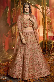 Peach Heavy thread, foil mirror, beads, dori Embroidered pure organza Semi Stitched bridal lehenga