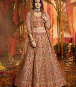 Peach Heavy thread, foil mirror, beads, dori Embroidered pure organza Semi Stitched Bridal Lehenga