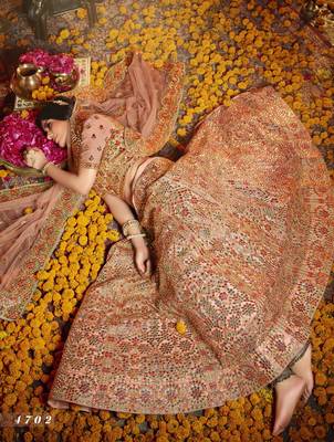 Peach Heavy thread, foil mirror, beads, dori Embroidered pure organza Semi Stitched Bridal Lehenga 2