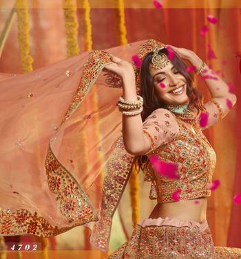 Peach Heavy thread, foil mirror, beads, dori Embroidered pure organza Semi Stitched Bridal Lehenga 3