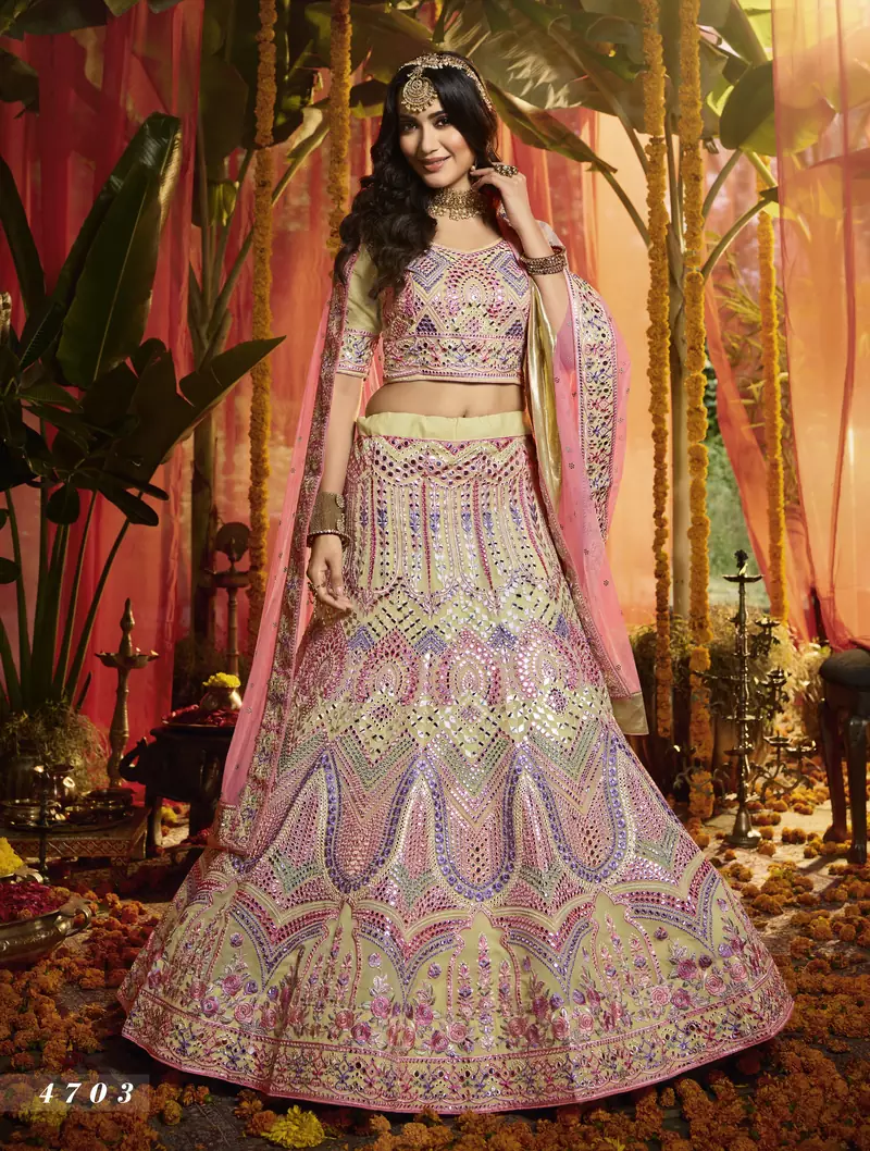 Light chiku Heavy zarkan, foil mirror, thread Embroidered pure organza Semi Stitched bridal lehenga