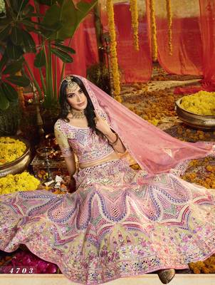 Light chiku Heavy zarkan, foil mirror, thread Embroidered pure organza Semi Stitched Bridal Lehenga 2