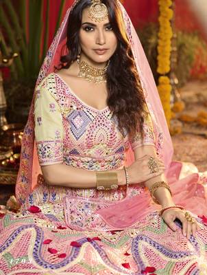 Light chiku Heavy zarkan, foil mirror, thread Embroidered pure organza Semi Stitched Bridal Lehenga 3