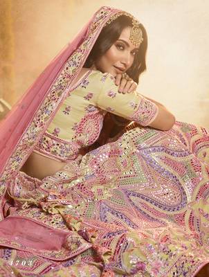 Light chiku Heavy zarkan, foil mirror, thread Embroidered pure organza Semi Stitched Bridal Lehenga 4