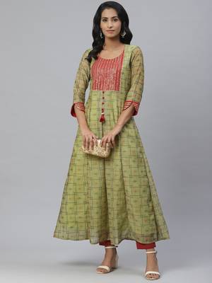 Pinksky Green woven chanderi ethnic-kurtis 1