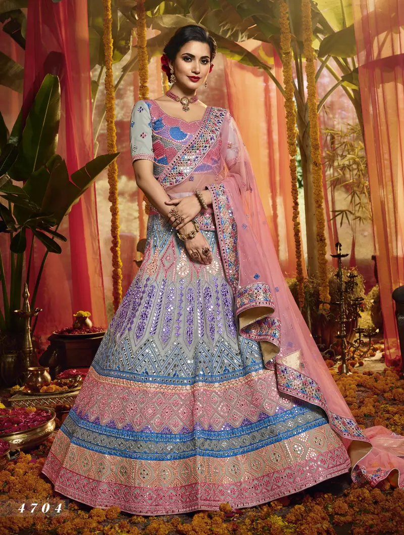 Grey Heavy zarkan, foil mirror, thread Embroidered pure organza Semi Stitched bridal lehenga