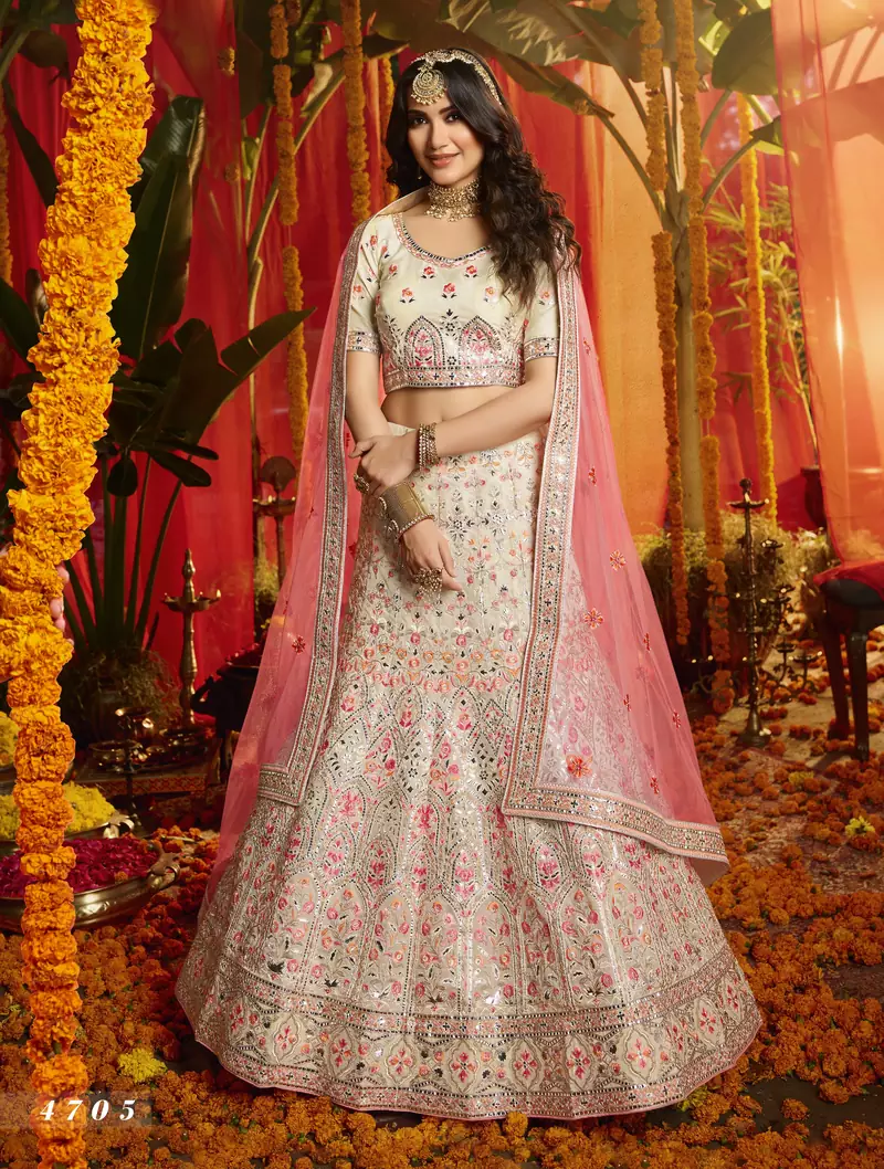 Light chiku Heavy zarkan, foil mirror, dori, thread Embroidered pure organza Semi Stitched bridal lehenga