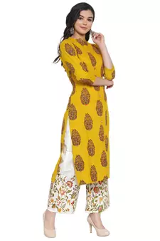 Mustard printed rayon kurtas-and-kurtis