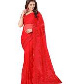 Red embroidered net saree with blouse