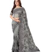 Grey embroidered net saree with blouse