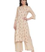 Beige printed rayon kurtas-and-kurtis