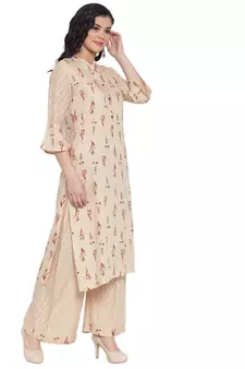 Beige printed rayon kurtas-and-kurtis
