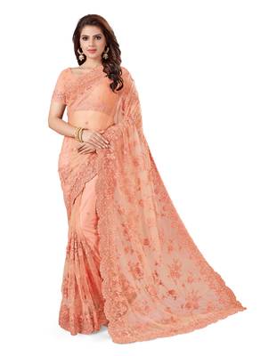 Peach embroidered net saree with blouse 1