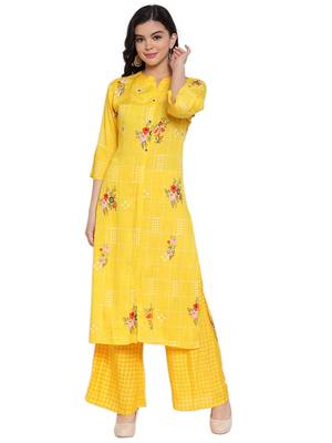 Yellow printed rayon kurtas-and-kurtis 1
