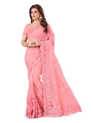Pink embroidered net saree with blouse 1