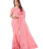 Pink embroidered net saree with blouse