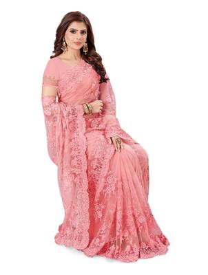 Pink embroidered net saree with blouse 2