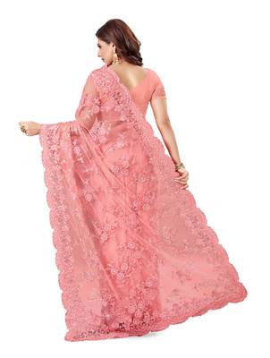 Pink embroidered net saree with blouse 3