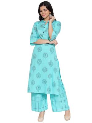 Turquoise printed rayon kurtas-and-kurtis 1