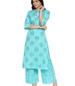 Turquoise printed rayon kurtas-and-kurtis