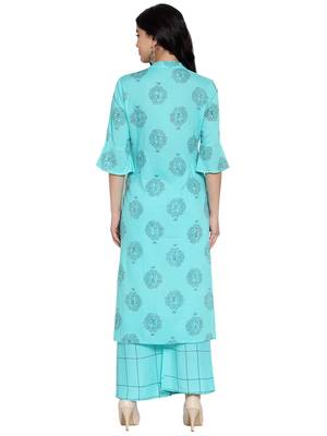 Turquoise printed rayon kurtas-and-kurtis 2