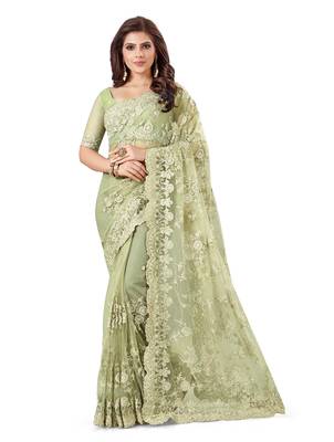 Green embroidered net saree with blouse 1