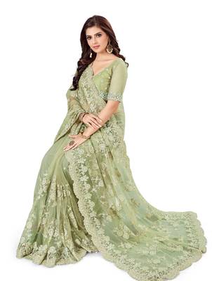 Green embroidered net saree with blouse 2