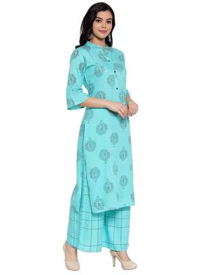 Turquoise printed rayon kurtas-and-kurtis 3