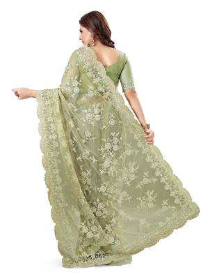 Green embroidered net saree with blouse 3