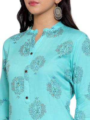Turquoise printed rayon kurtas-and-kurtis 4