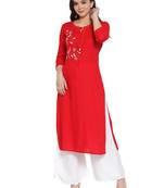 Red embroidered rayon kurtas-and-kurtis