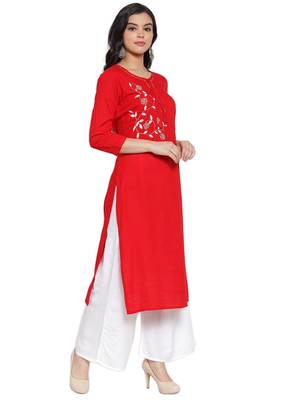 Red embroidered rayon kurtas-and-kurtis 3