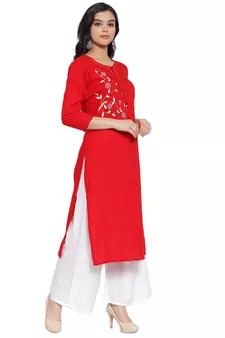 Red embroidered rayon kurtas-and-kurtis