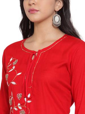 Red embroidered rayon kurtas-and-kurtis 4