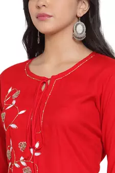 Red embroidered rayon kurtas-and-kurtis