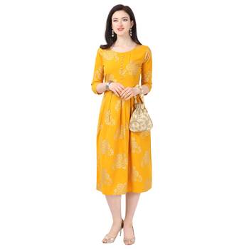 Yellow printed crepe short-kurtis 3