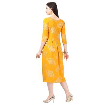 Yellow printed crepe short-kurtis 4