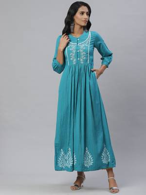Pinksky Teal woven cotton maxi-dresses 1