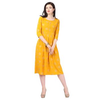 Yellow printed crepe short-kurtis 1