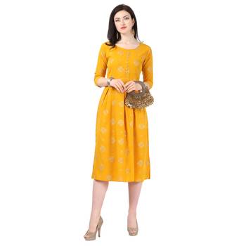 Yellow printed crepe short-kurtis 3
