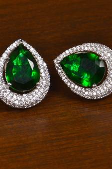 Rhodium Plated American Diamond and Green Stone Embellished Stud 216ED406