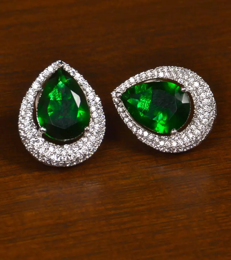 Rhodium Plated American Diamond and Green Stone Embellished Stud 216ED406