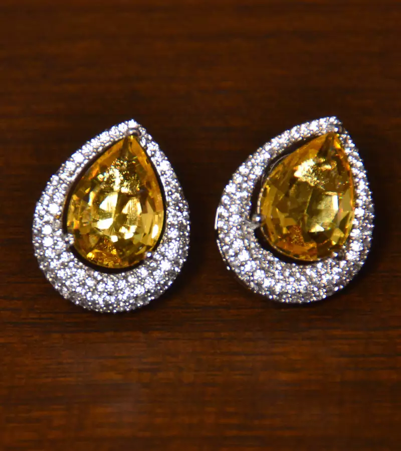 Rhodium Plated American Diamond and Champagne Stone Embellished Stud 216ED409