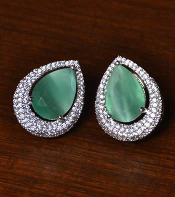 Rhodium Plated American Diamond and Mint Stone Embellished Stud 216ED410 1
