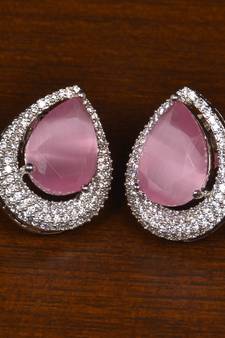 Rhodium Plated American Diamond and Baby Pink Stone Embellished Stud 216ED411