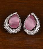 Rhodium Plated American Diamond and Baby Pink Stone Embellished Stud 216ED411