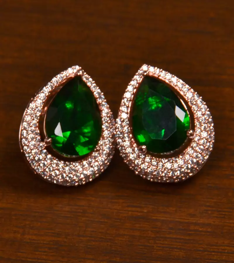 Rose Gold Plated American Diamond and Green Stone Embellished Stud 216ED414