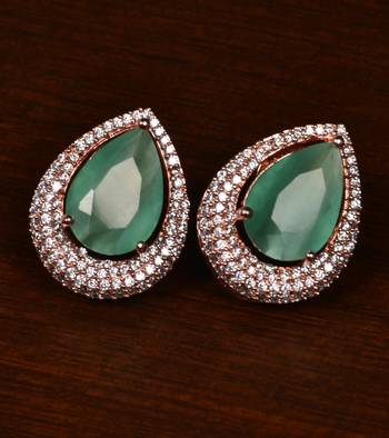 Rose Gold Plated American Diamond and Mint Stone Embellished Stud 216ED417 1
